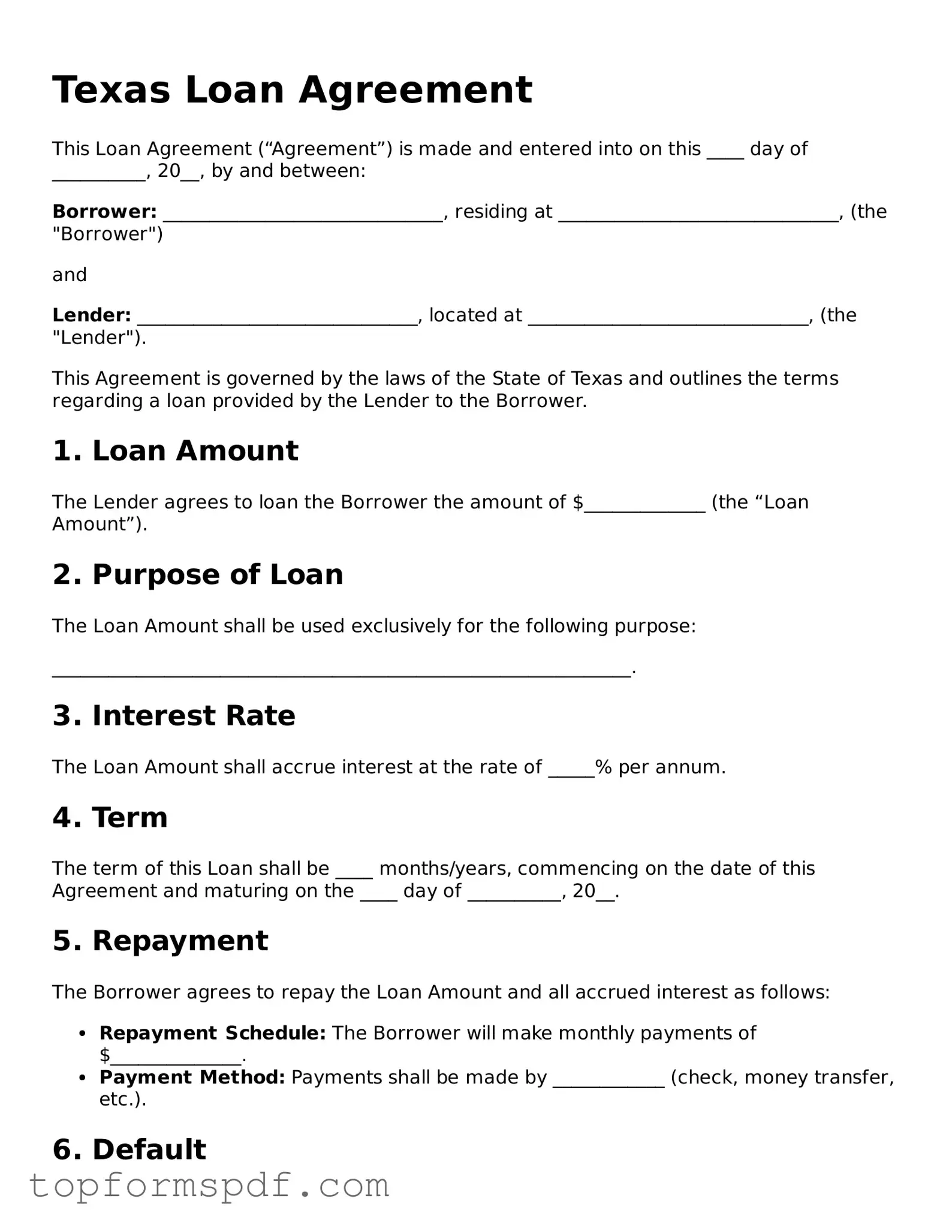 Blank Texas Loan Agreement Template