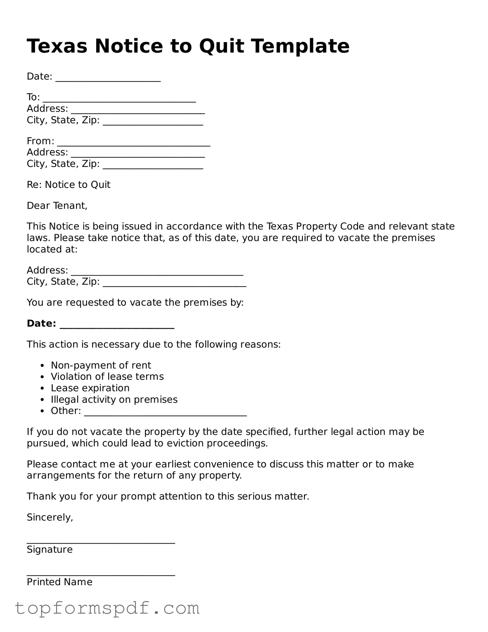 Blank Texas Notice to Quit Template