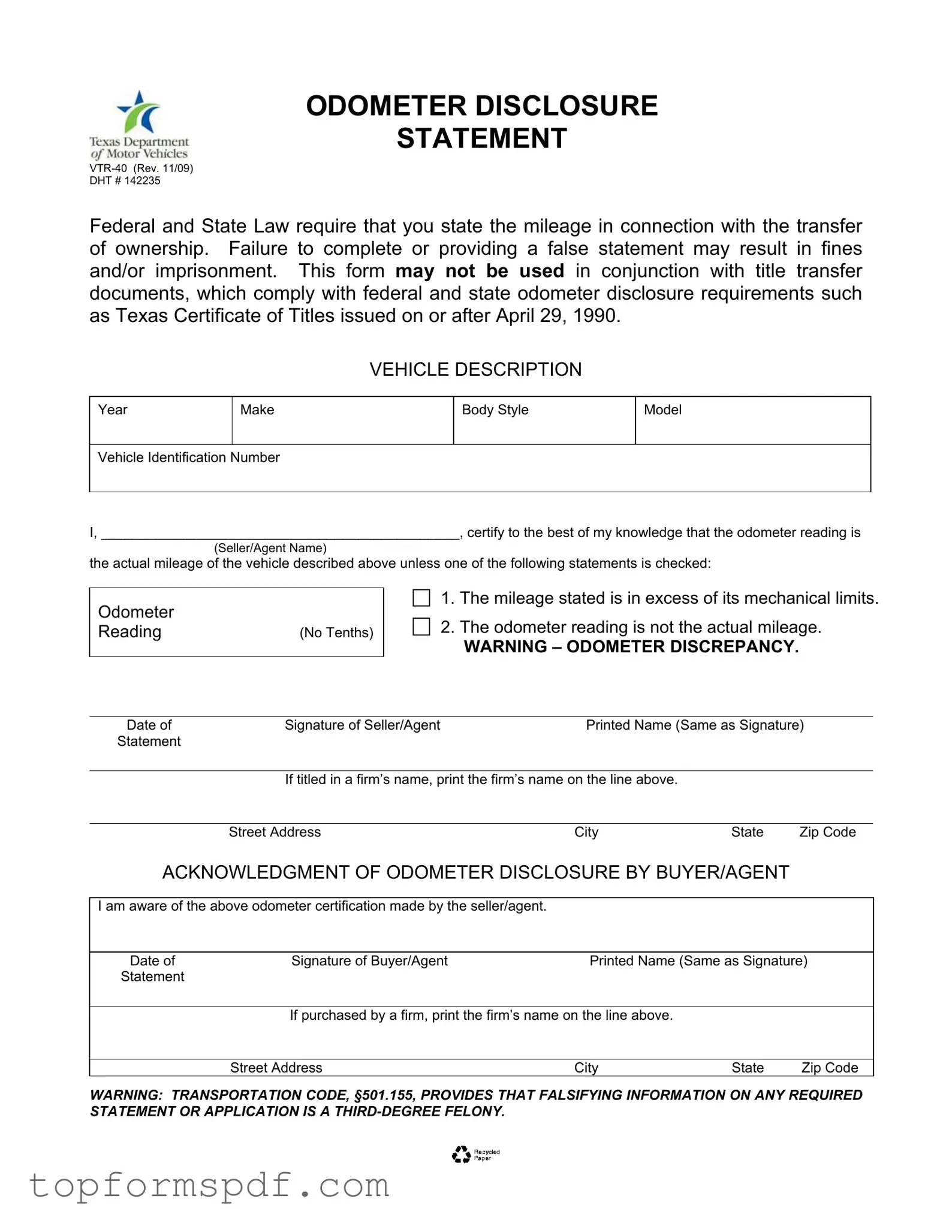 Texas Odometer Statement Template