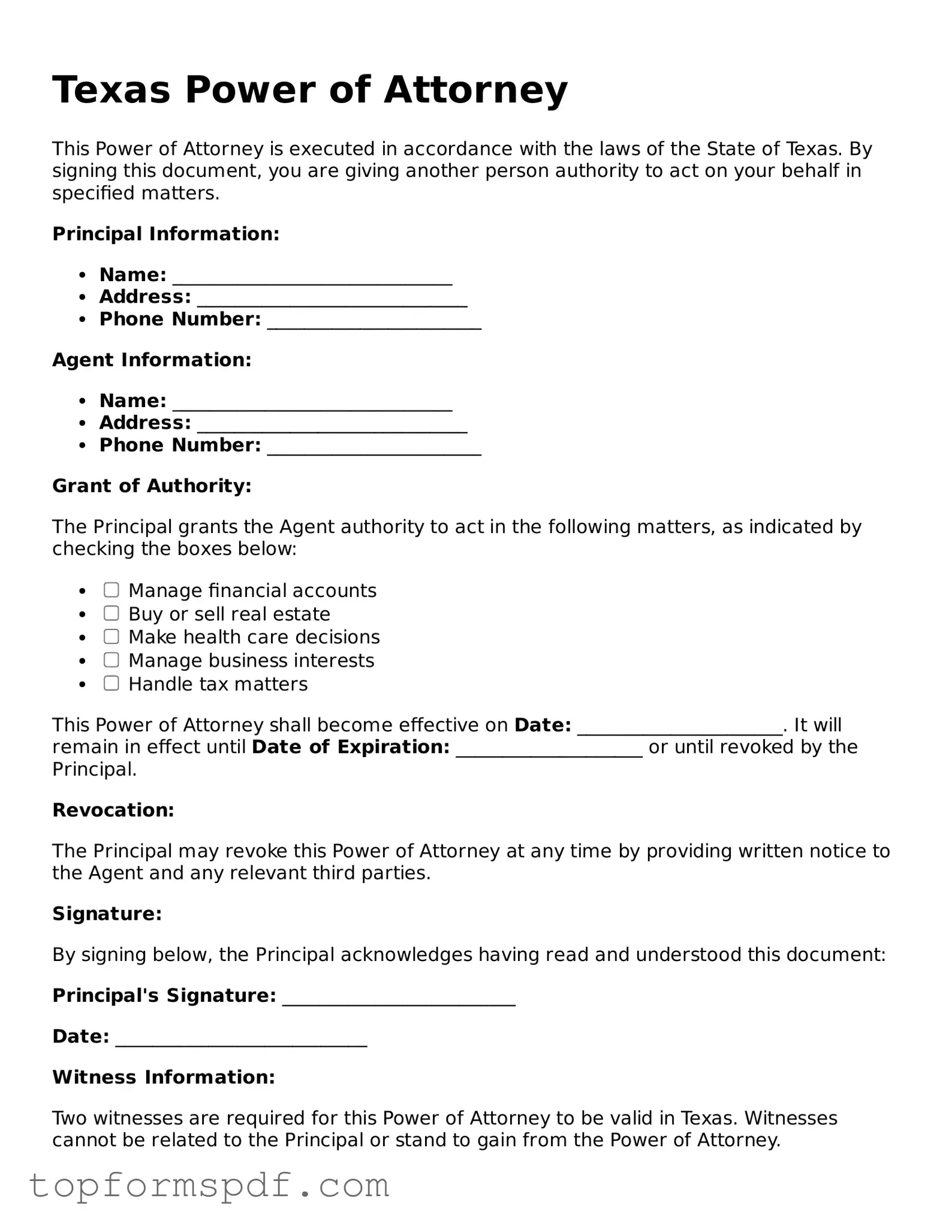 Blank Texas Power of Attorney Template