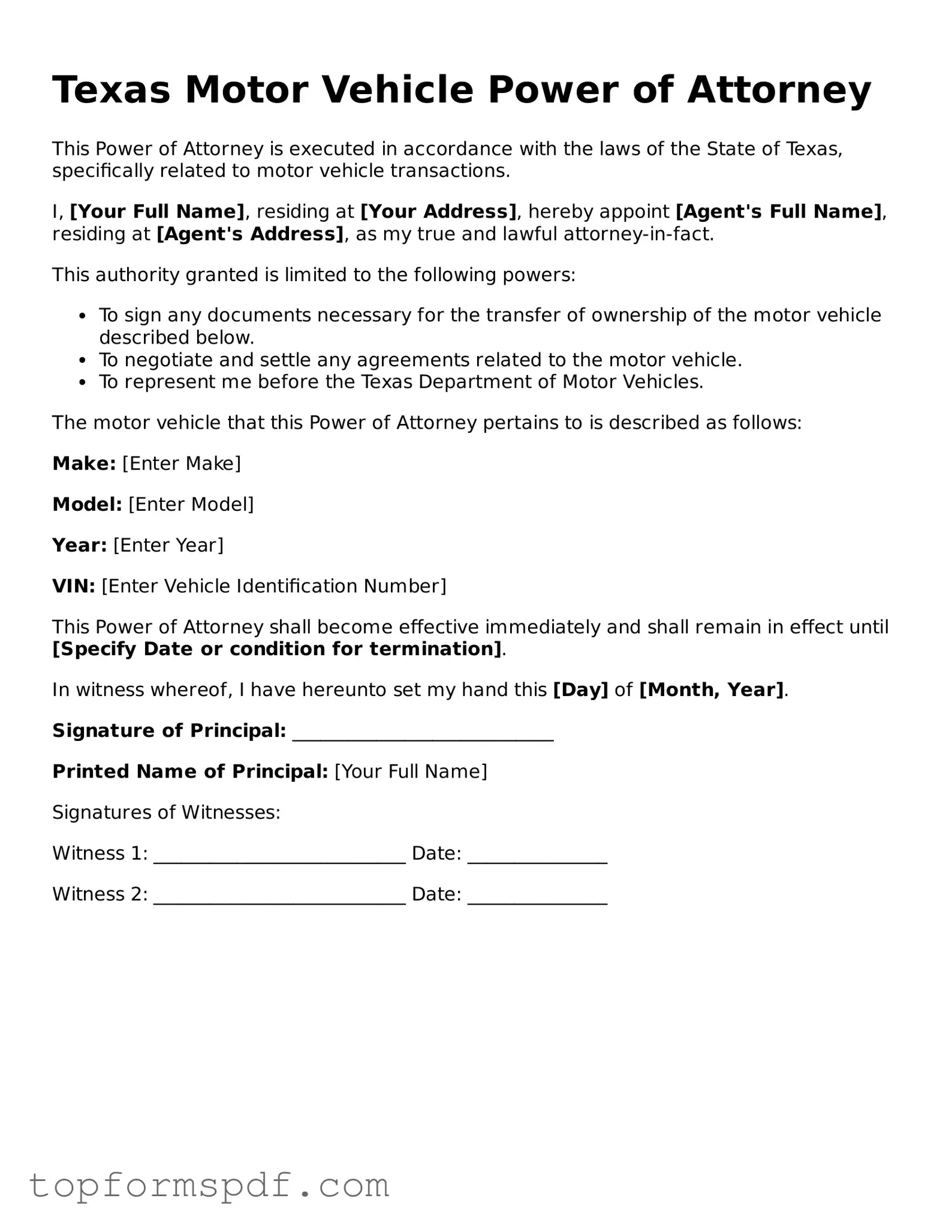 Blank Texas Motor Vehicle Power of Attorney Template