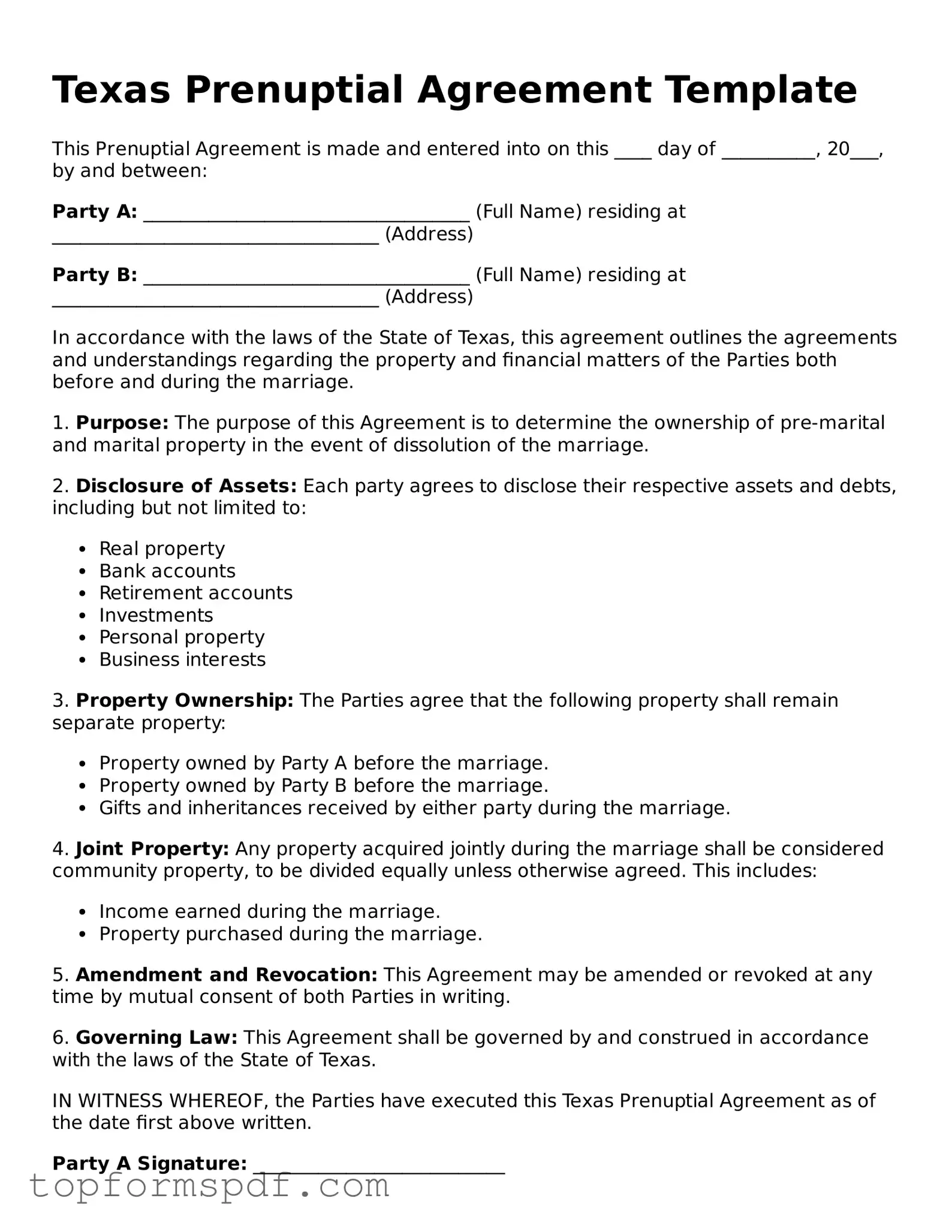 Blank Texas Prenuptial Agreement Template