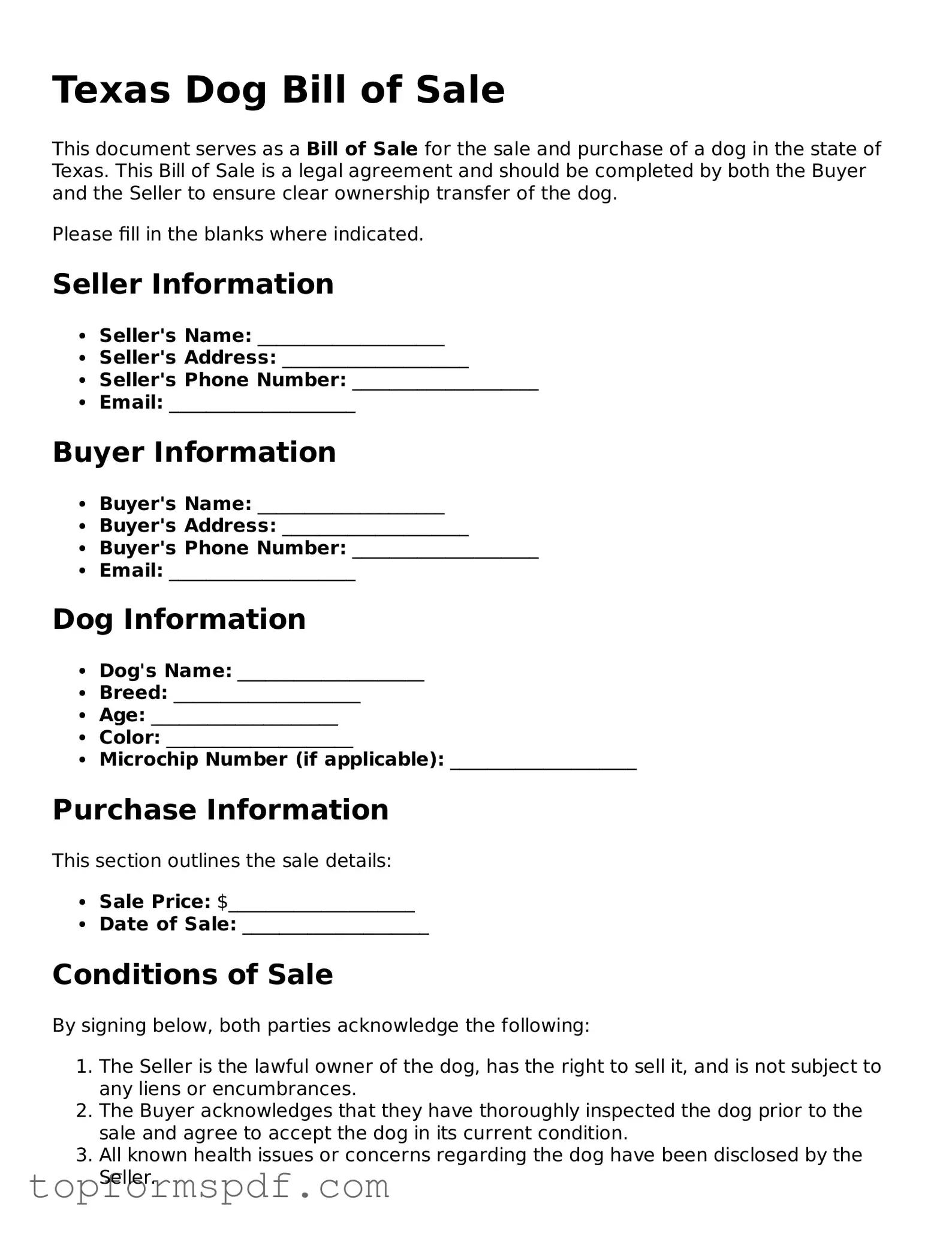Blank Texas Dog Bill of Sale Template