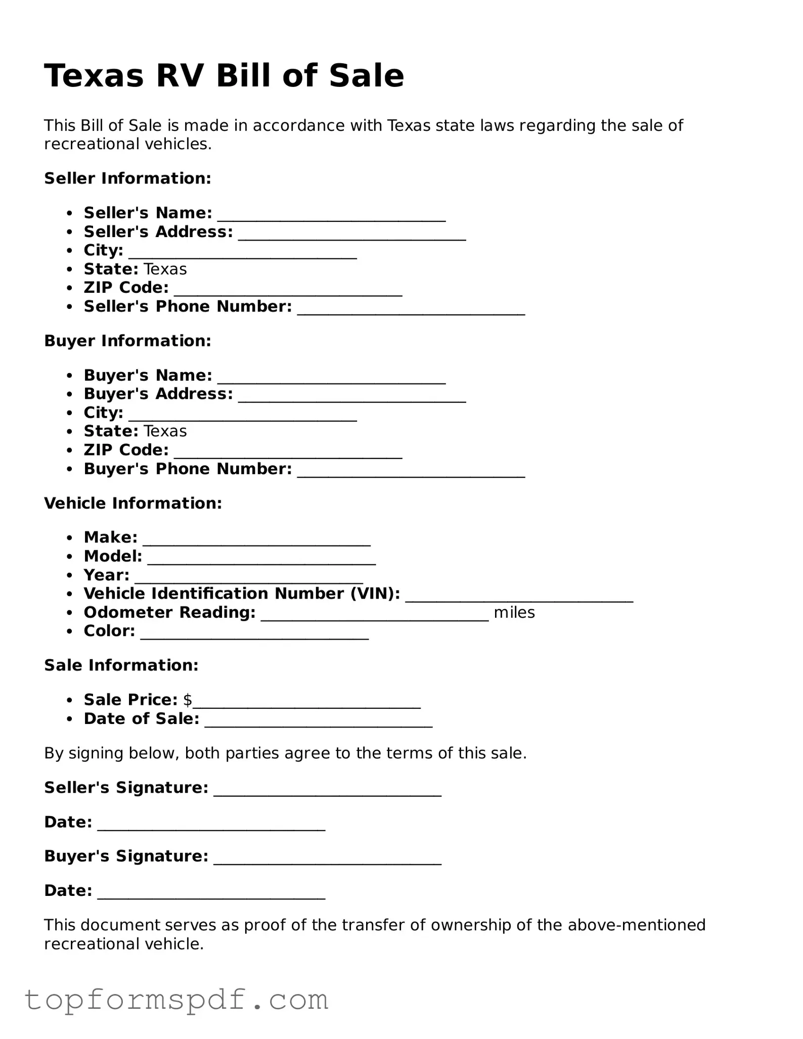 Blank Texas RV Bill of Sale Template