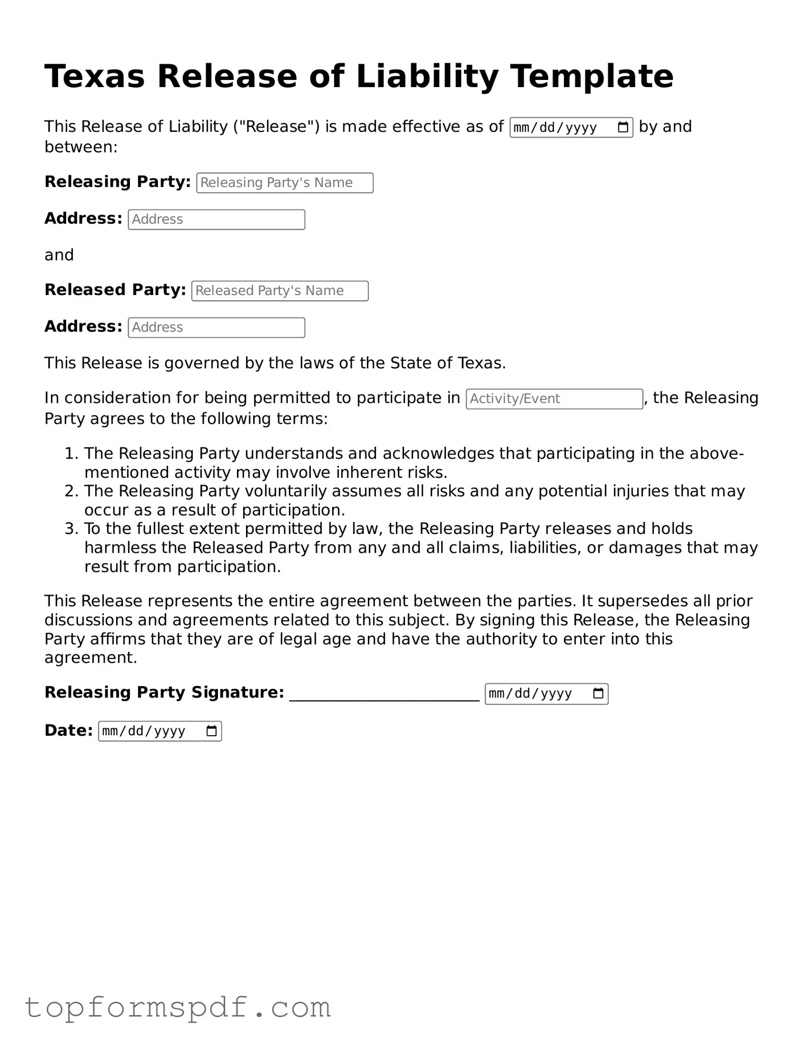 Blank Texas Release of Liability Template