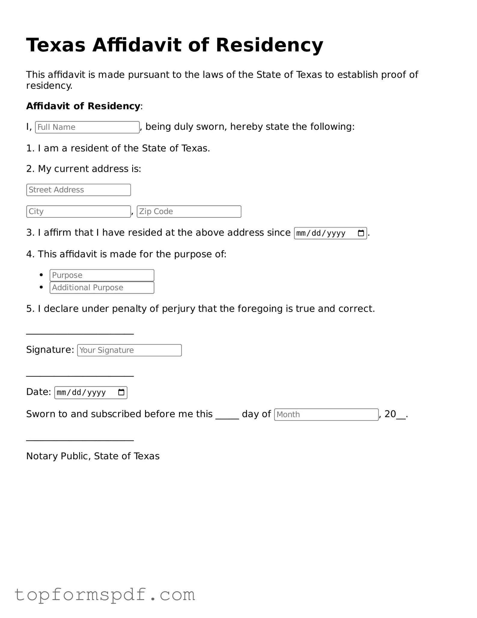 Blank Texas Affidavit of Residency Template