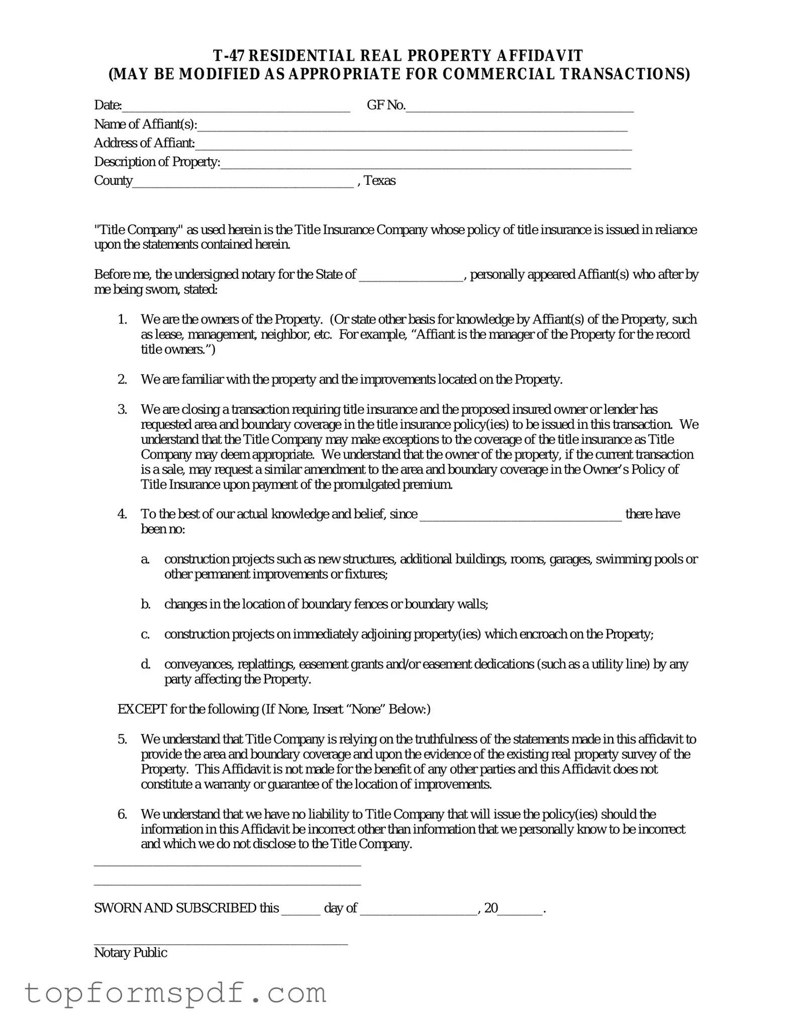 Texas residential property affidavit T-47 Template