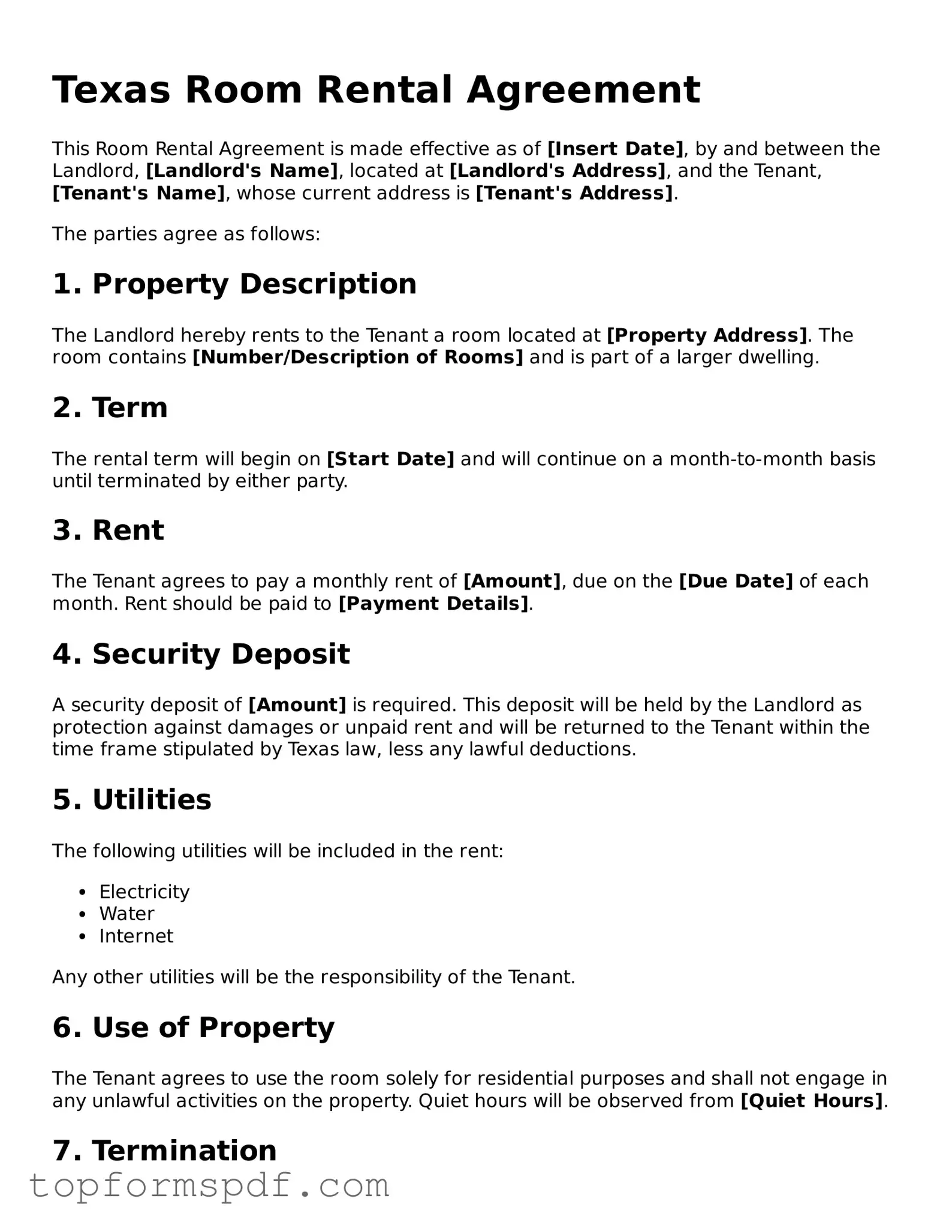 Blank Texas Room Rental Agreement Template