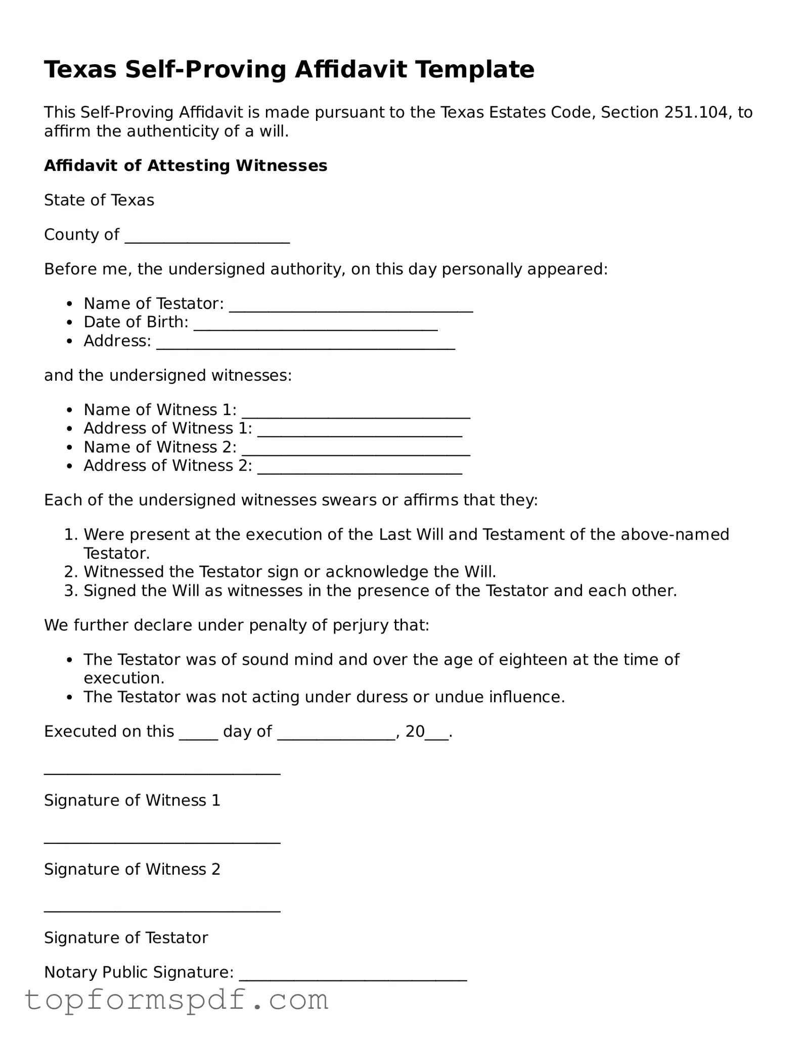 Blank Texas Self-Proving Affidavit Template