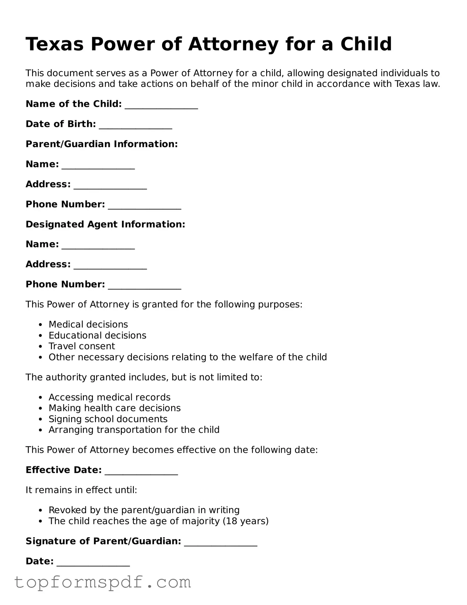 Blank Texas Power of Attorney for a Child Template