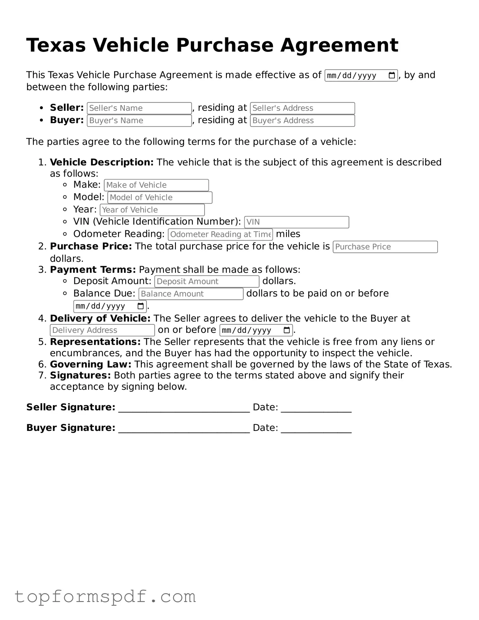 Blank Texas Vehicle Purchase Agreement Template