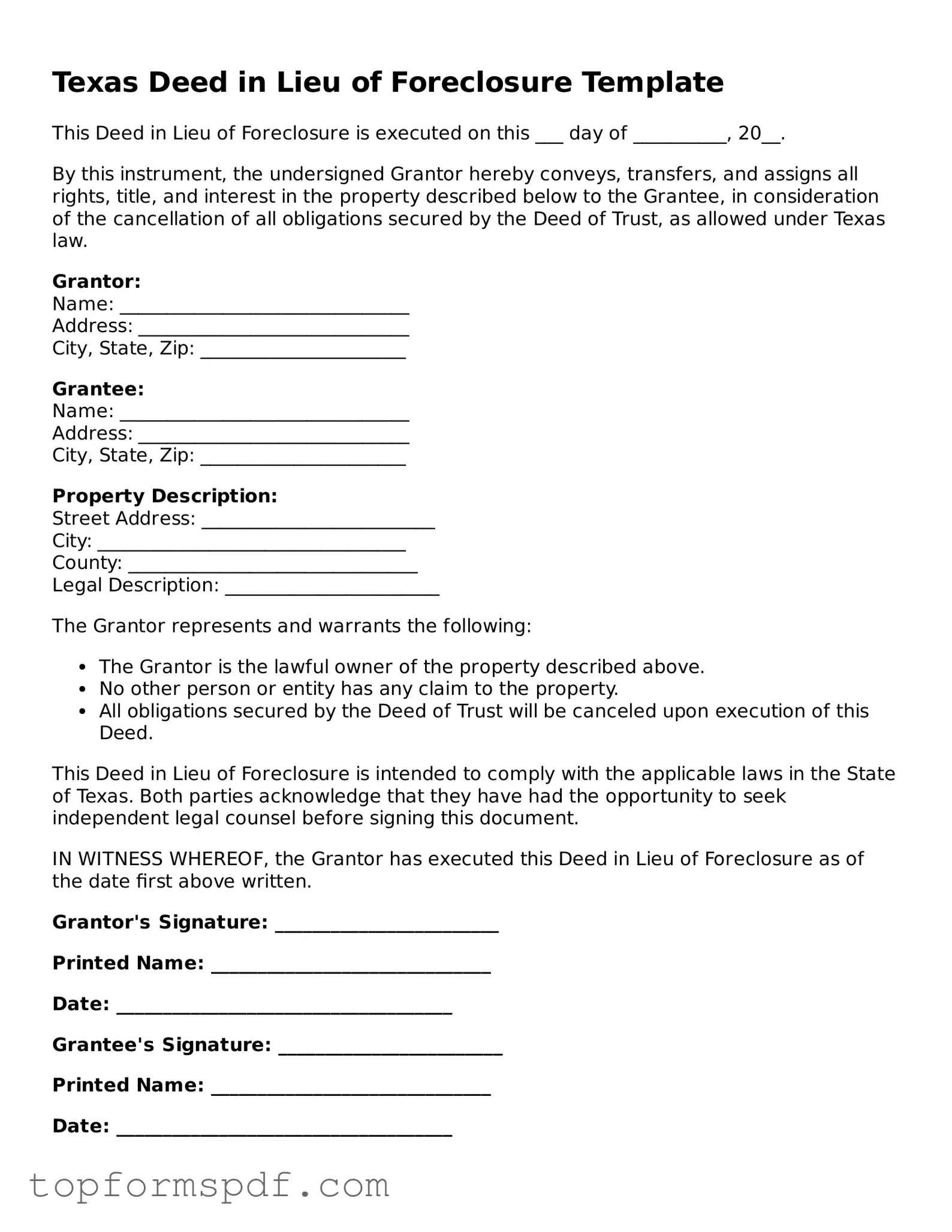 Blank Texas Deed in Lieu of Foreclosure Template