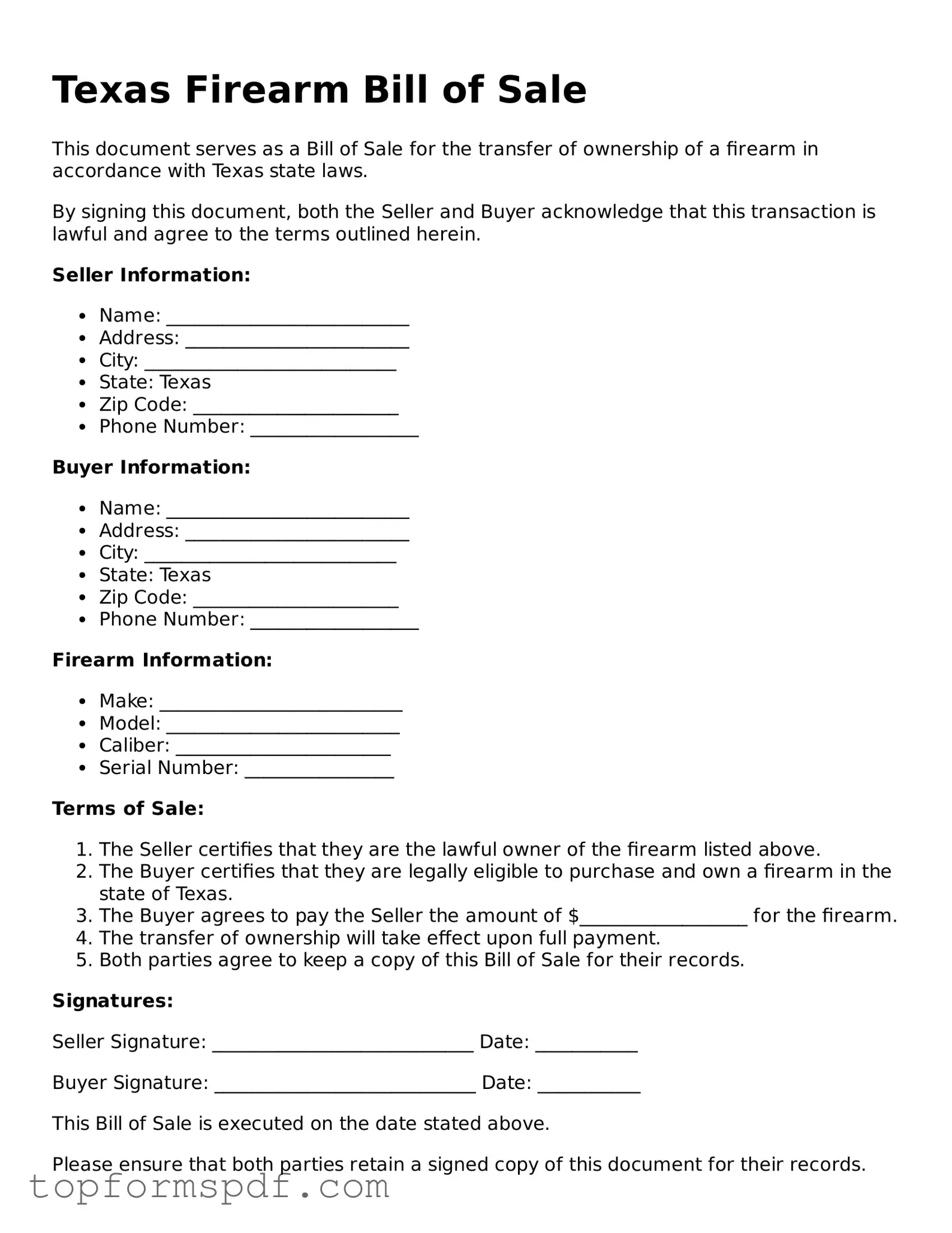 Blank Texas Firearm Bill of Sale Template