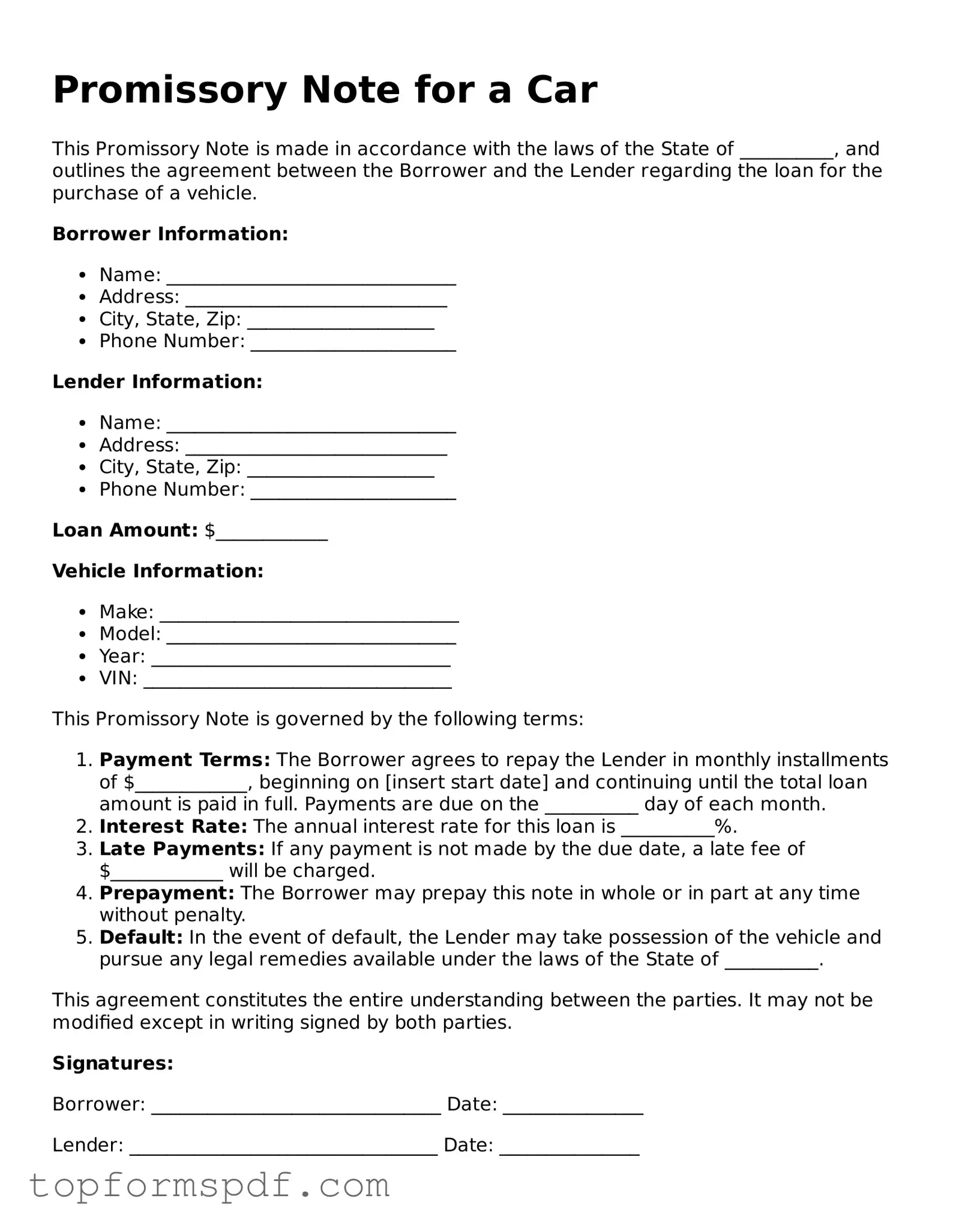 Legal Promissory Note for a Car Form