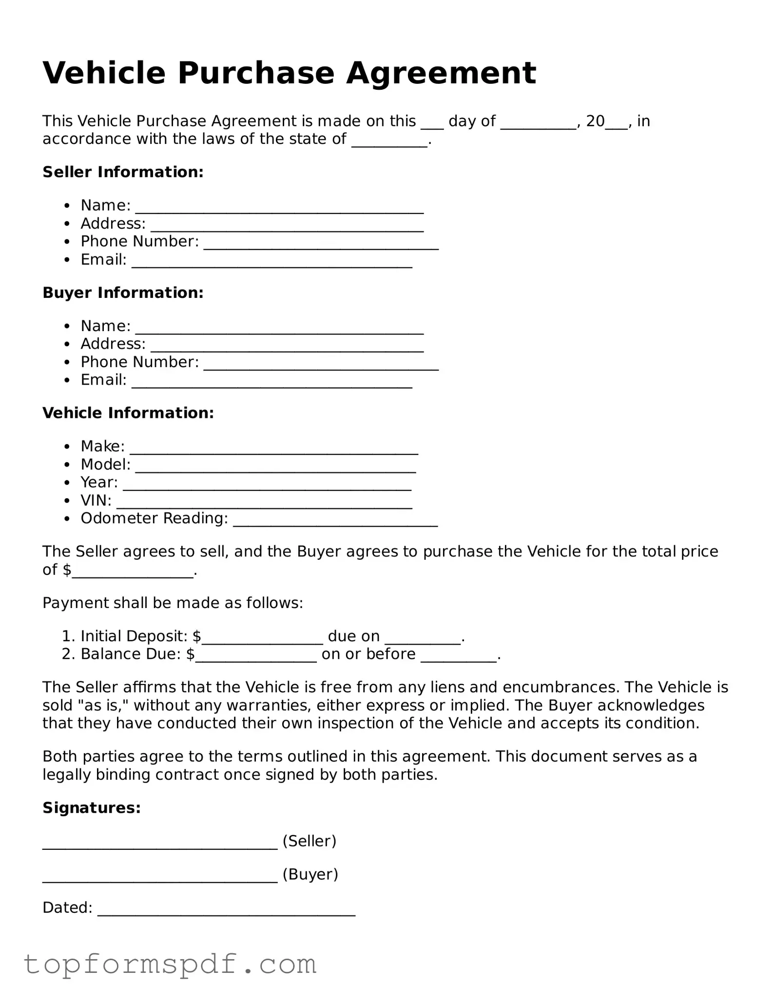 Legal Vehicle Purchase Agreement Form