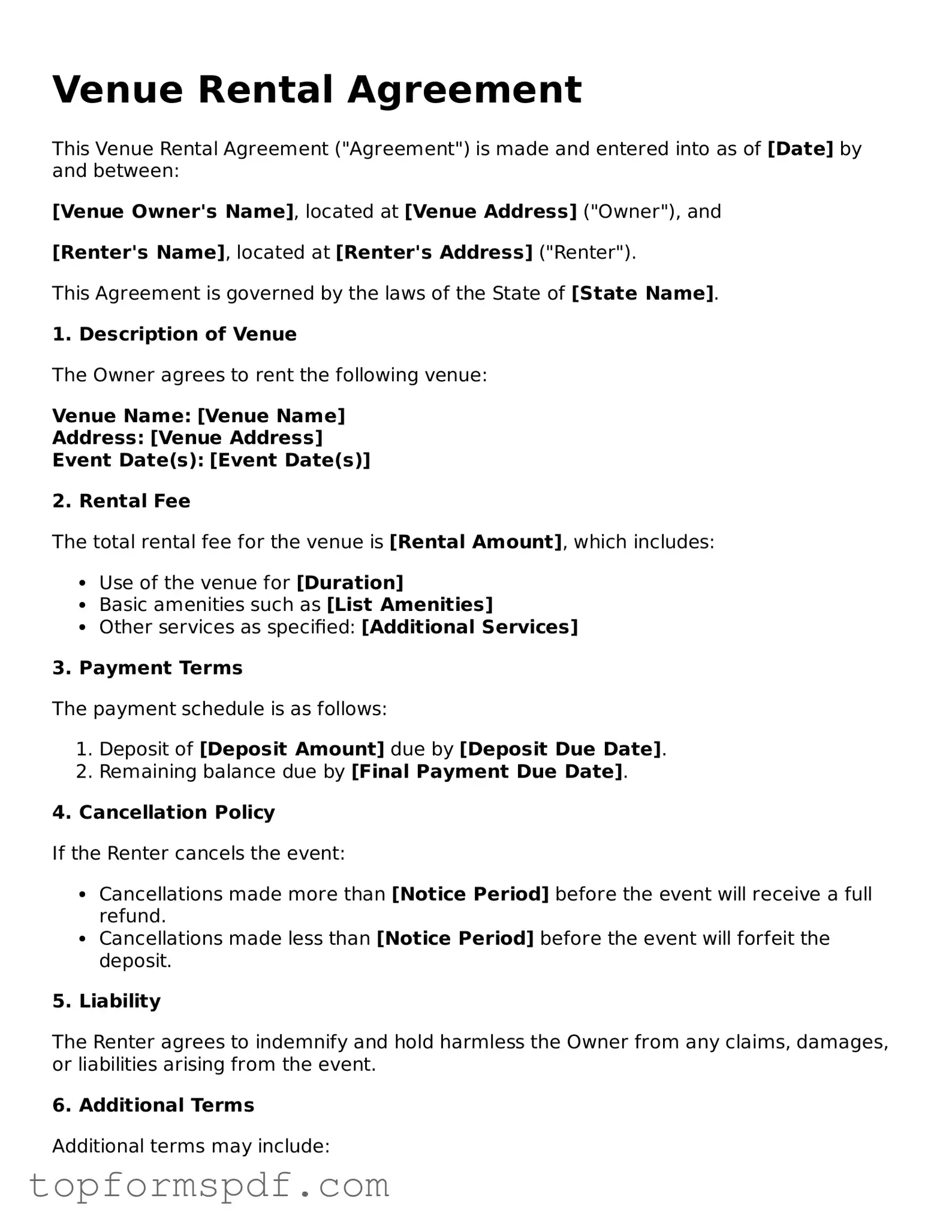 Legal Venue Rental Agreement Form