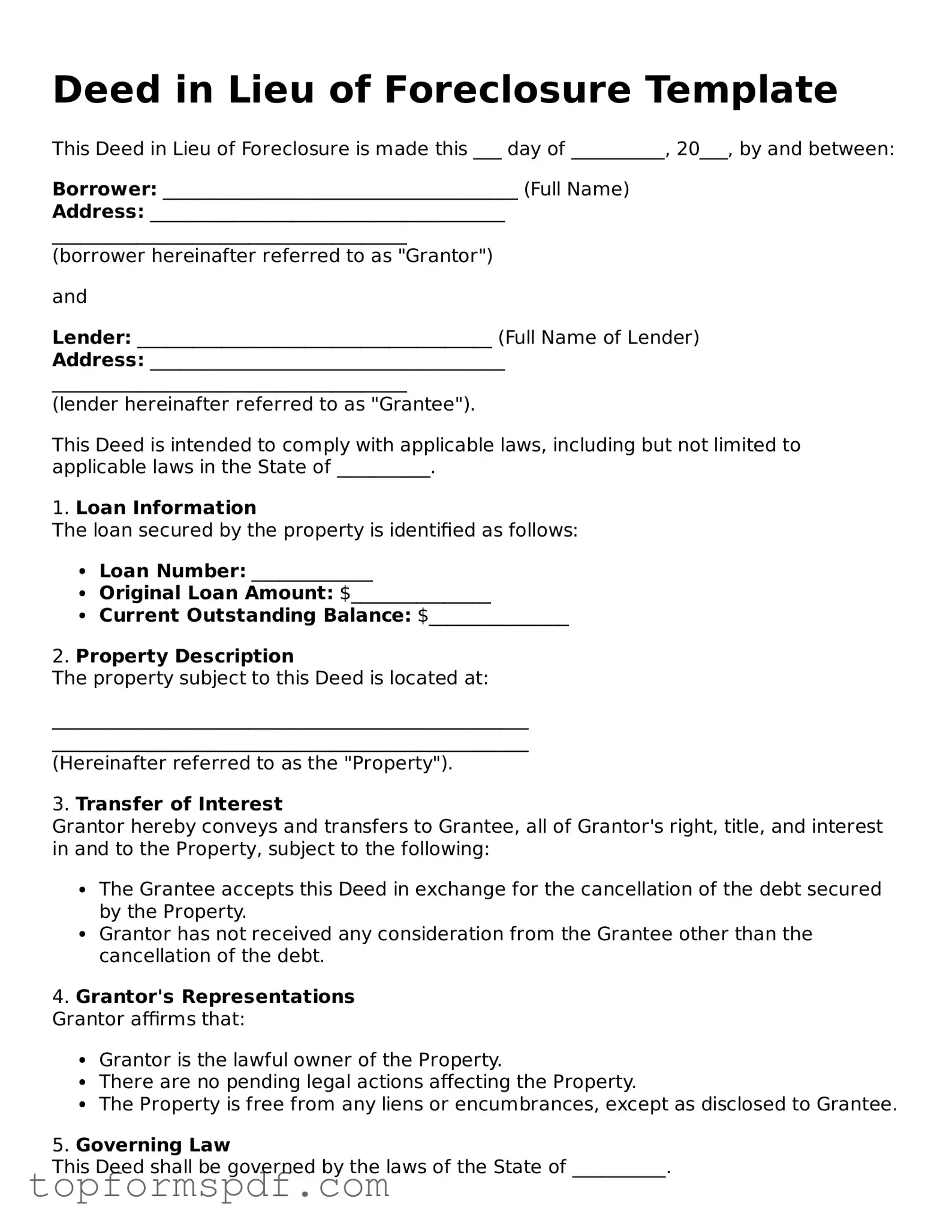 Legal Deed in Lieu of Foreclosure Form