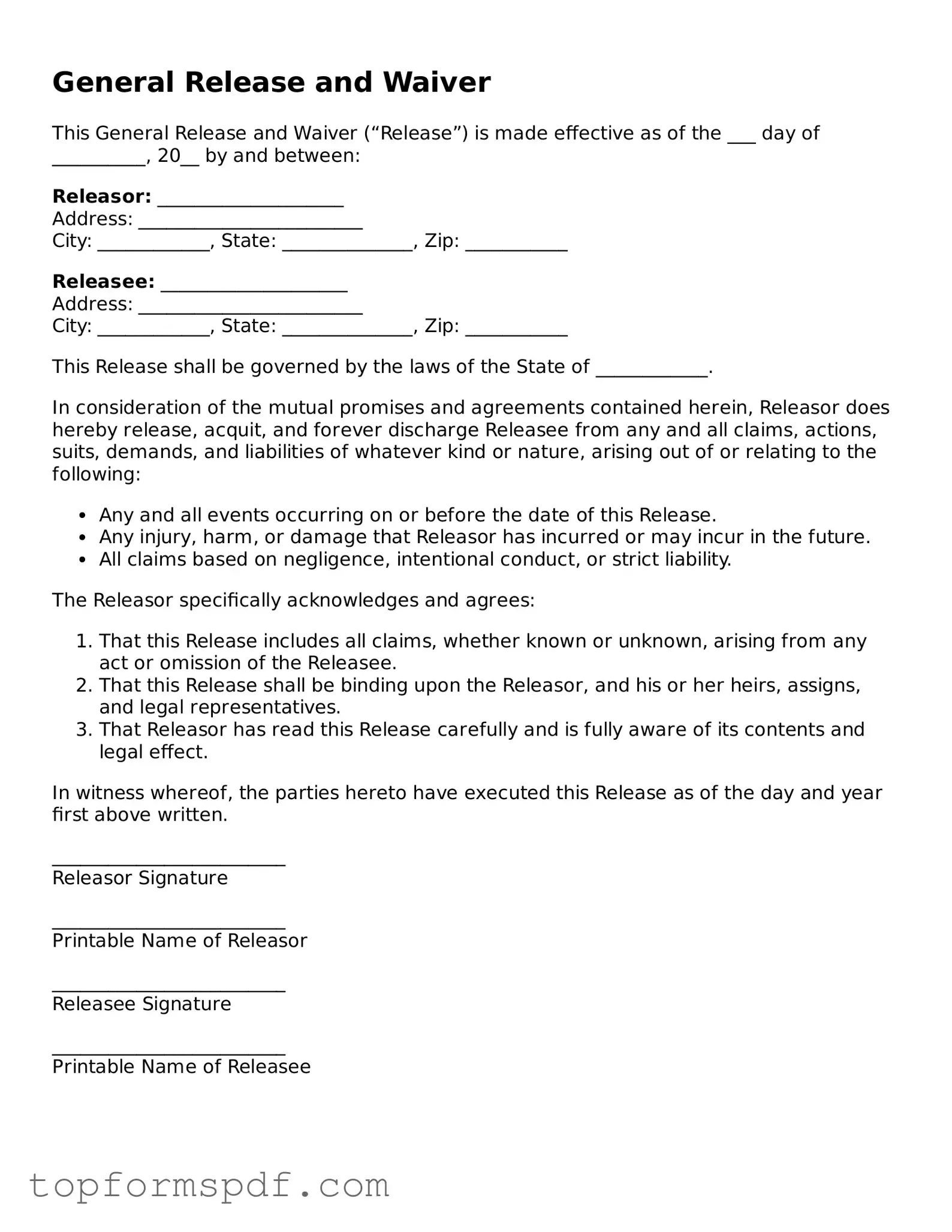Legal General Release and Waiver Form