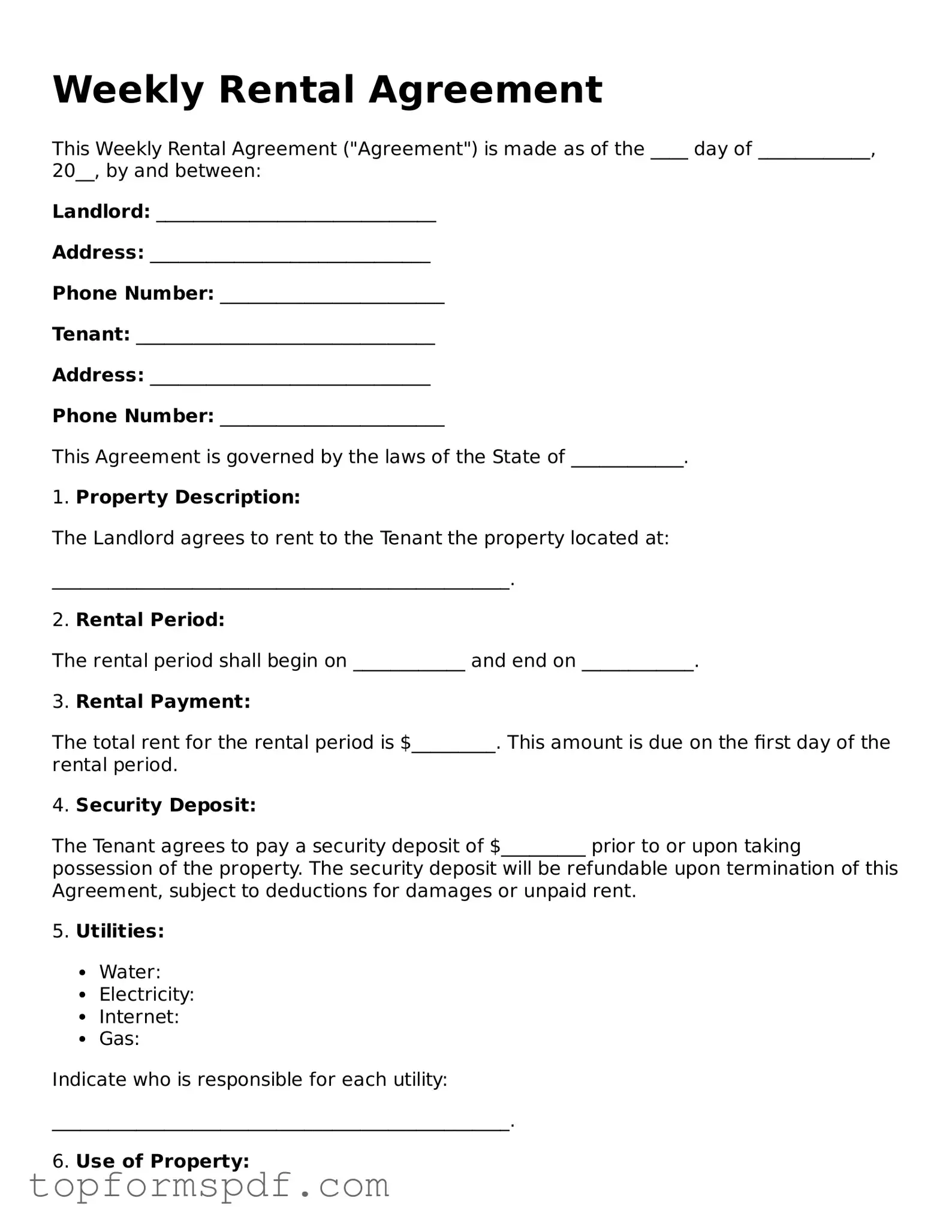 Legal Weekly Rental Agreement Form