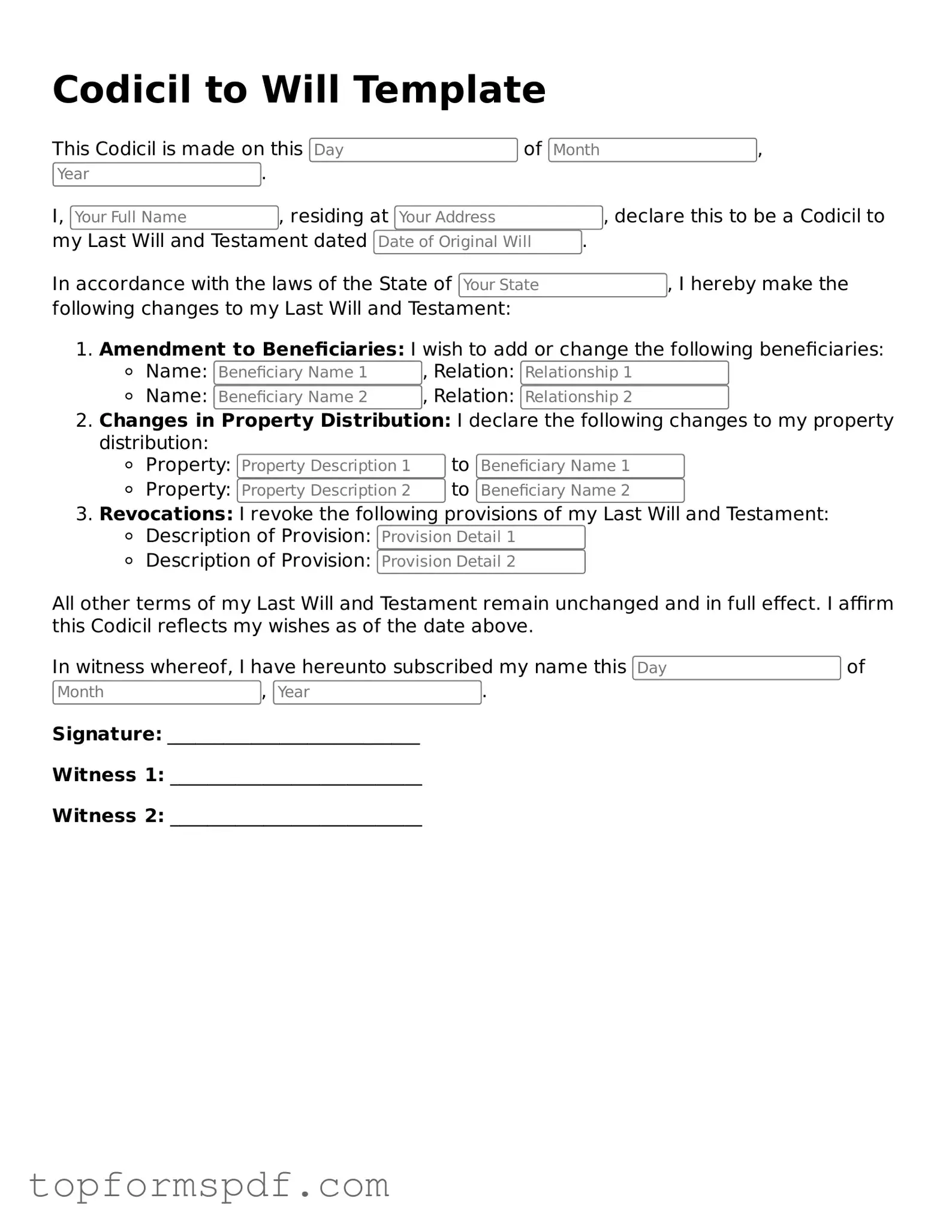 Legal Codicil to Will Form